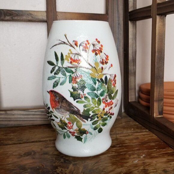 Robins & Holly Berries Glass Vase, Painted Decoupaged Vase, 7 Inch Height - Picture 2 of 7